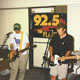 dave and chris wearing popllama shirt at old radio show